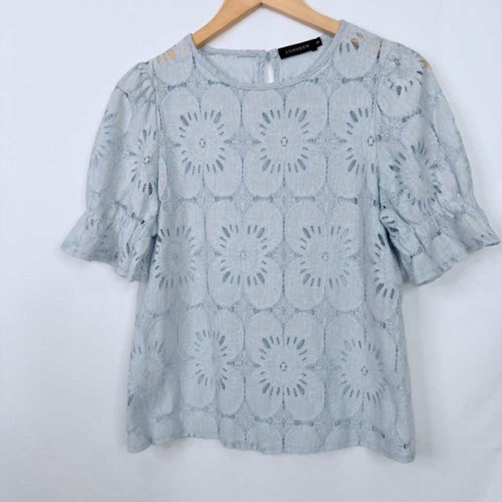 LUXVEER Lace Blouse Women Size‎ S Blue - Picture 4 of 8